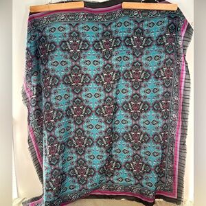 Vintage Gina Ruccini Paisley Floral Scarf Fringe Shawl Boho Turquoise Pink Black